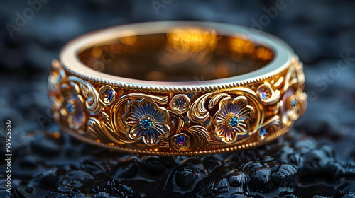 Ornate Gold Ring with Blue Gemstones 3D Illustration