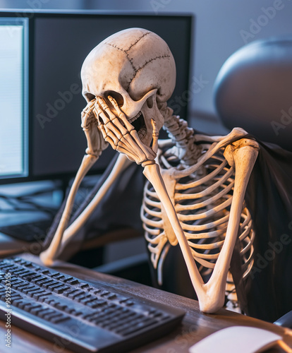 a skeleton losing his mind trying to debug a coding problem photo