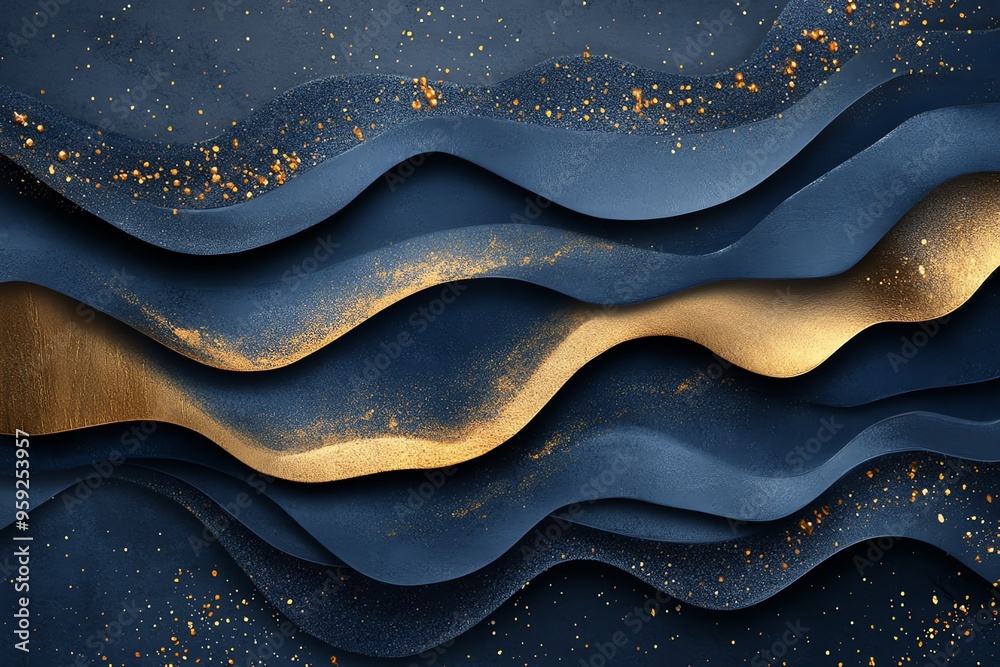 Abstract Blue and Gold Waves with Glitter. Abstract Blue and Gold Waves with Glitter.