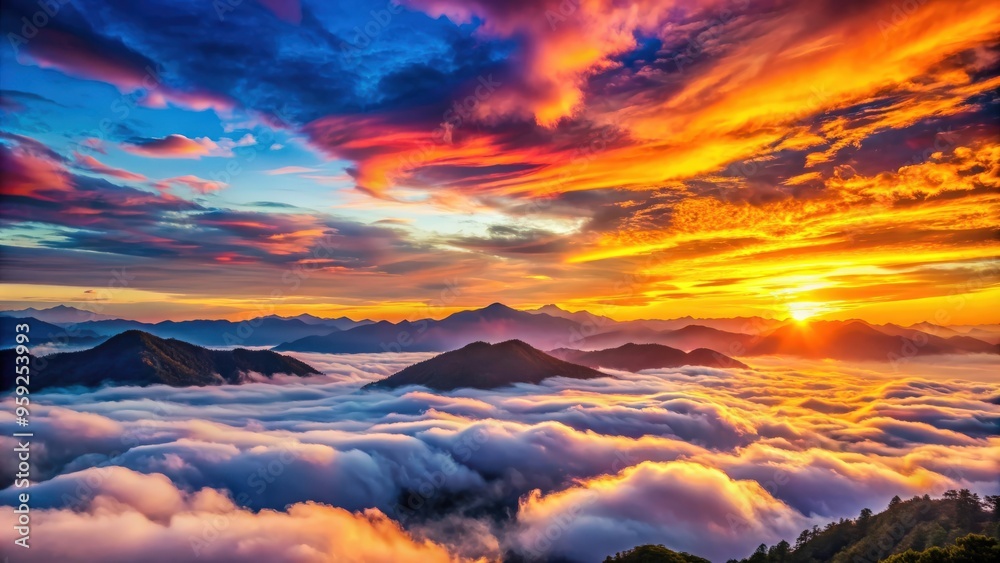 Top view of a stunning sunset disappearing behind colorful clouds over layers of mountains below, sunset, top view Top view of a stunning sunset disappearing behind colorful clouds over layers of mountains below, sunset, top view