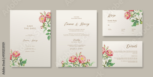Wedding invitation with watercolor floral. Beautiful green and white wedding invitation. Trendy wedding invitation template