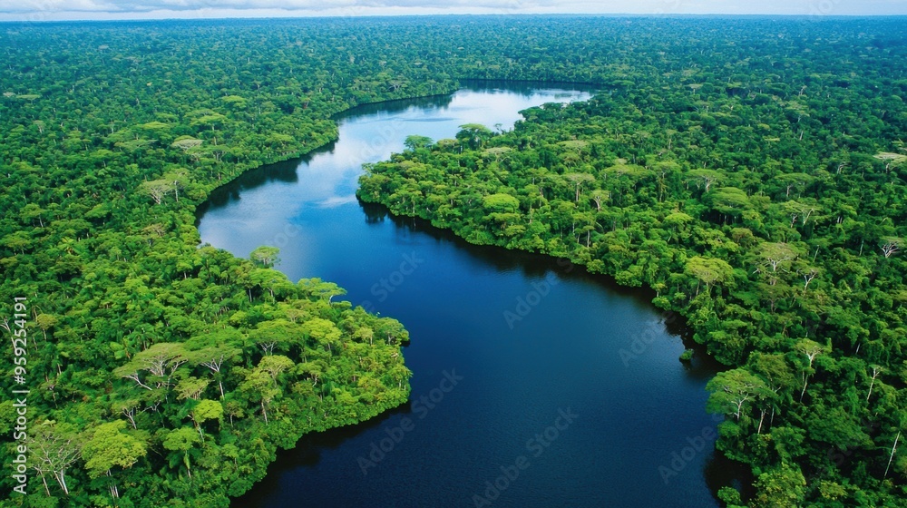 Lush Tropical Jungle Landscape with Winding River in the Amazon Rainforest Lush Tropical Jungle Landscape with Winding River in the Amazon Rainforest
