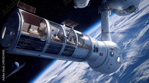 Fototapeta Naklejka Na Ścianę i Meble -  Orbital Space Station with Earth and Moon in the Background