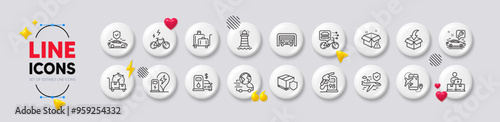 Parking garage, Delivery warning and Flight destination line icons. White buttons 3d icons. Pack of Delivery insurance, Luggage trolley, Charging station icon. Vector