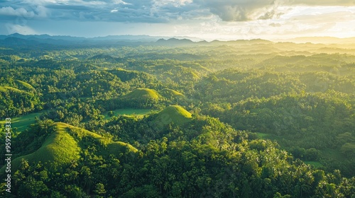 Captivating Aerial View of Lush Green Countryside Landscape at SunriseSunset