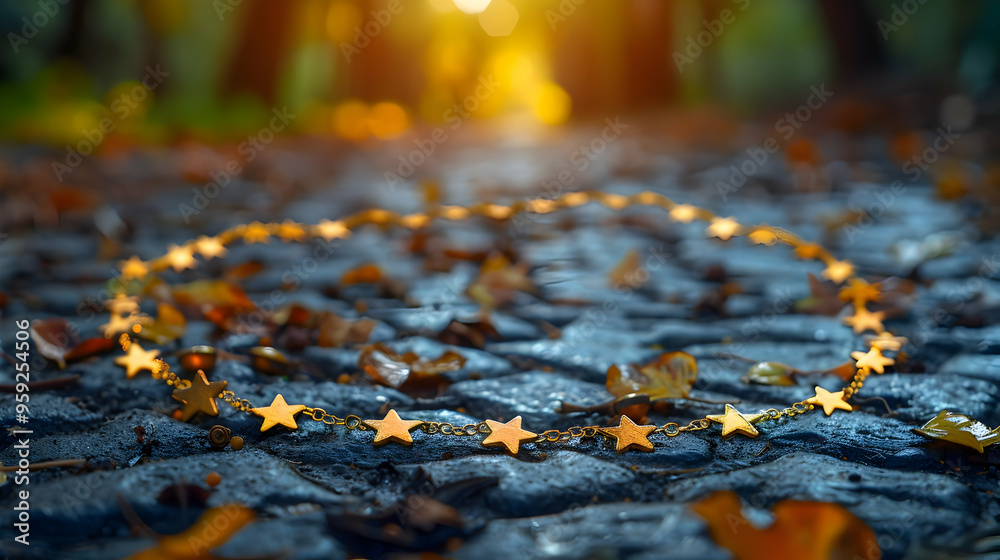 Fototapeta premium Golden Star Chain on Cobblestone Path - Fall Photo