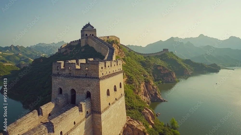 Naklejka premium Majestic Mountainside Castle Fortification with Panoramic Lake and Cliff Views