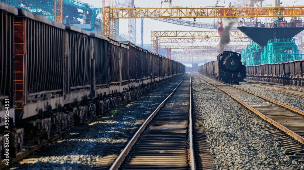 Fototapeta premium Freight Train on Railroad Tracks with Industrial Background