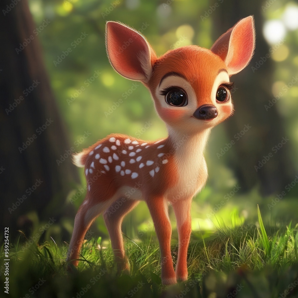 Adorable cartoon fawn with large eyes standing in a forest clearing. Adorable cartoon fawn with large eyes standing in a forest clearing.