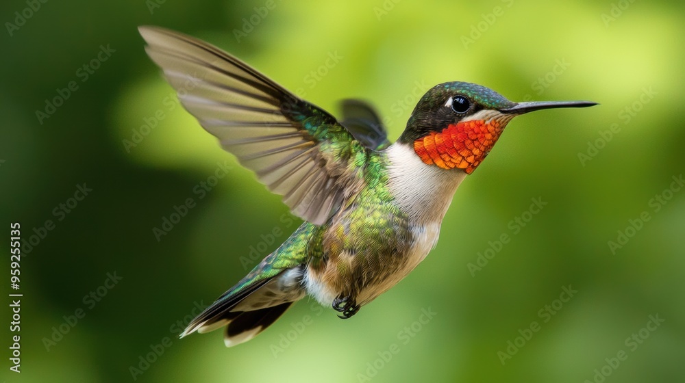 Fototapeta premium Vibrant Hummingbird Hovering Over Lush Greenery Collecting Nectar