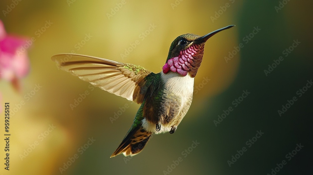 Fototapeta premium Vibrant Hummingbird in Flight Feeding on Colorful Flowers in Garden