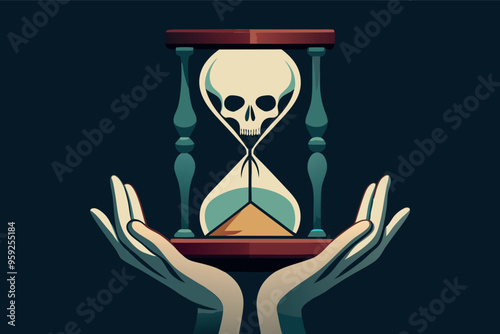 Human hands holding hourglass with a skull. Symbol of time life and death. Flat vector illustration