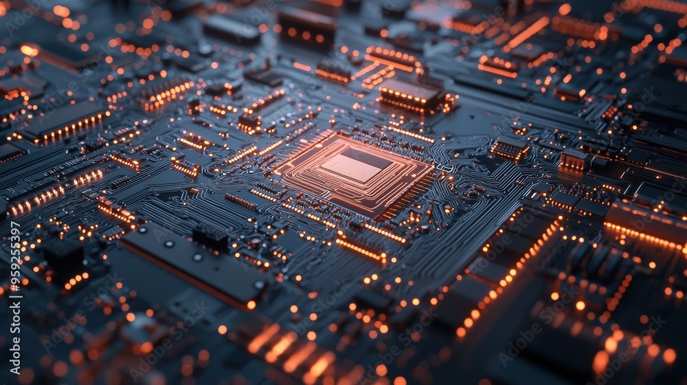 Obraz premium Futuristic Glowing Circuit Board Technological Background with Processor Chip and Mainboard