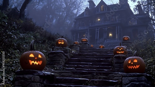 Jack-o-lanterns leading to a haunted house