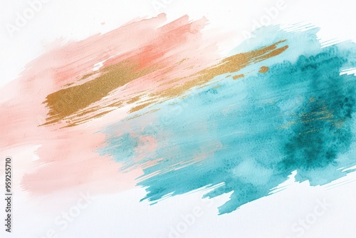 Fototapeta Naklejka Na Ścianę i Meble -  Mix of turquoise and rose pink brush stroke on white, gold highlights.