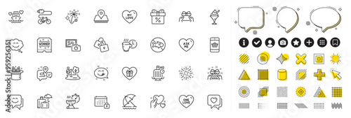 Set of Calendar, Ice cream and Beach umbrella line icons for web app. Design elements, Social media icons. Gift, Romantic gift, Luggage insurance icons. Vector