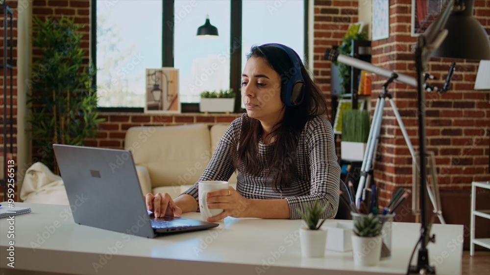 Indian woman drinking coffee in the morning and watching TV show at home using headphones. Matinal person waking up with hot beverage while enjoying television series on laptop, camera A Indian woman drinking coffee in the morning and watching TV show at home using headphones. Matinal person waking up with hot beverage while enjoying television series on laptop, camera A