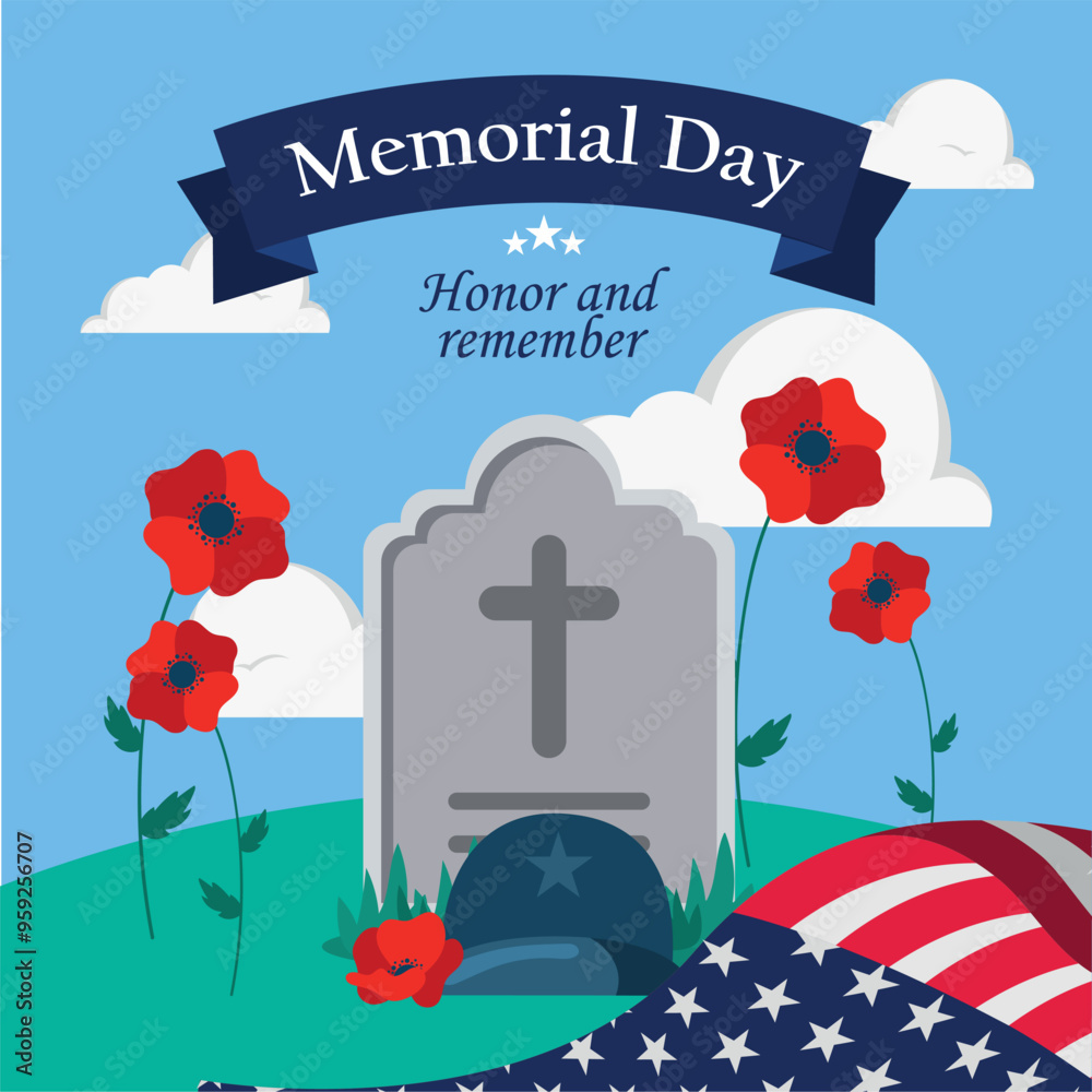 Memorial Day tombstone with poppies and American flag Vector Stock ...
