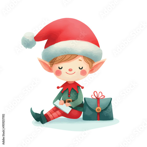 cute elf with christmas letter . watercolor christmas illustration
