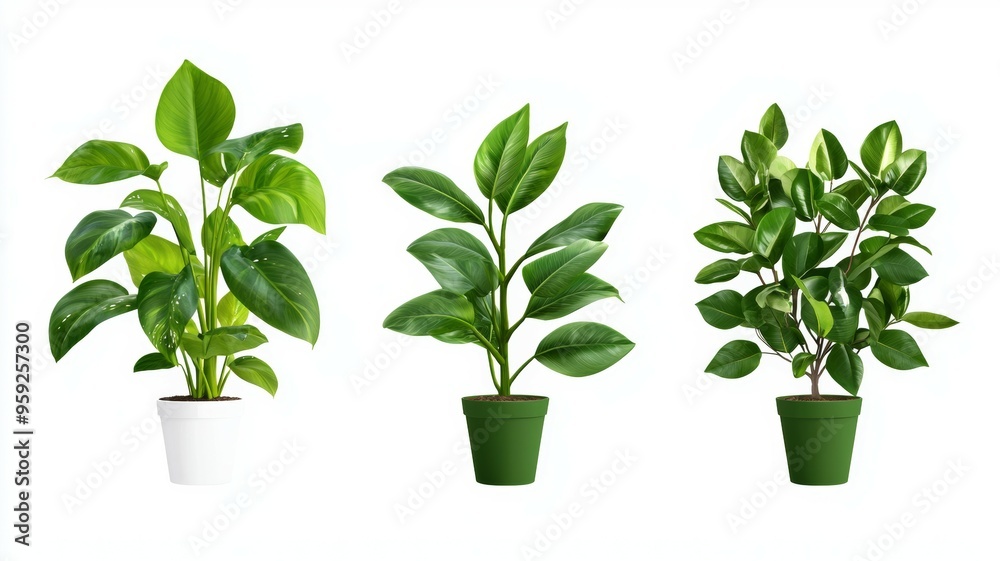 Three potted plants of different sizes and shapes Three potted plants of different sizes and shapes