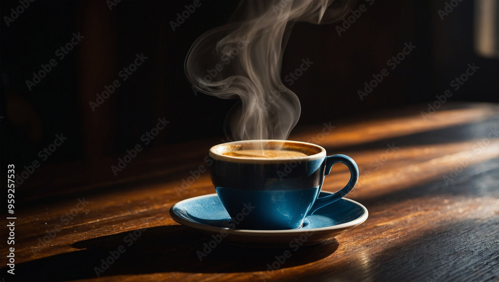 Steaming cup of espresso on a dark wooden table, illuminated by a focused beam of light creating intense shadows. Steaming cup of espresso on a dark wooden table, illuminated by a focused beam of light creating intense shadows.