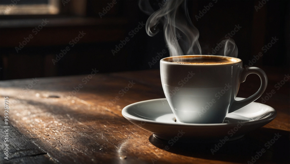 Steaming cup of espresso on a dark wooden table, illuminated by a focused beam of light creating intense shadows. Steaming cup of espresso on a dark wooden table, illuminated by a focused beam of light creating intense shadows.