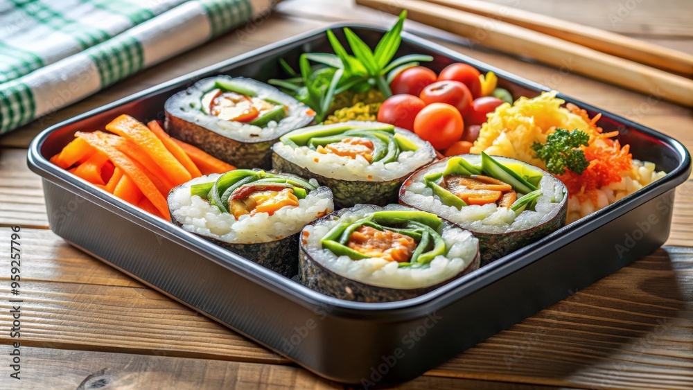 Close-up of a lunchbox with Korean kimbap and vegetables on a kitchen table, lunchbox, Korean food, kimbap, vegetables Close-up of a lunchbox with Korean kimbap and vegetables on a kitchen table, lunchbox, Korean food, kimbap, vegetables