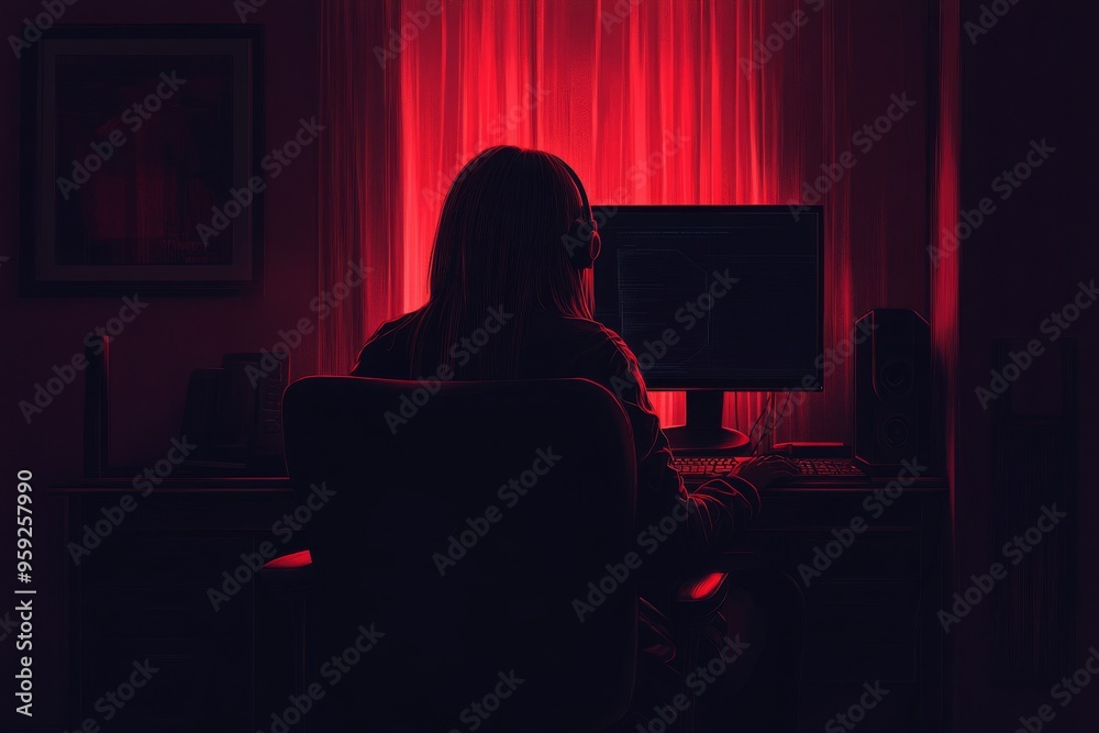 Silhouetted Figure Working at a Computer in a Red Lit Room Silhouetted Figure Working at a Computer in a Red Lit Room