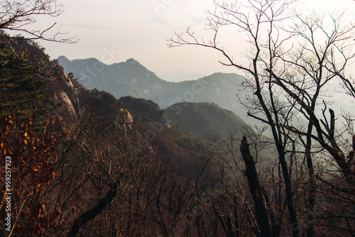 Bukhansan National Park, Seoul, Gyeonggi-do, South Korea, spring landscape view during hike to Baegundae summit peak, process of trekking and climbing to Bukhan mountain, travel and hiking in Korea