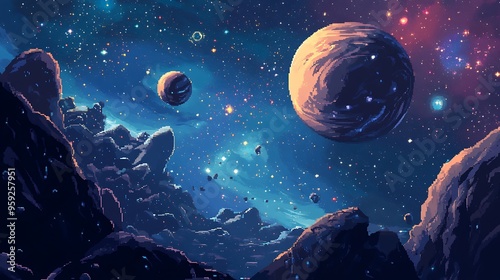 Fototapeta Naklejka Na Ścianę i Meble -  galaxy space with planet pixel style