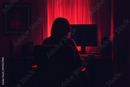 Silhouetted Figure Working at a Computer in a Red Lit Room