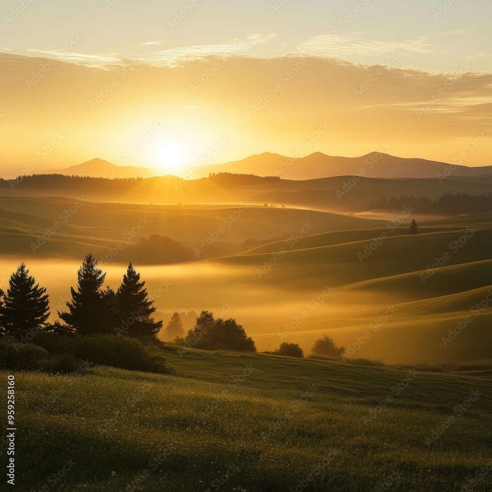 Obraz premium 29. Bright sunrise over rolling hills, representing hope and new opportunities