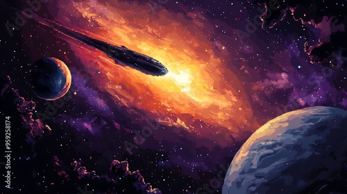 Fototapeta Naklejka Na Ścianę i Meble -  galaxy space with planet pixel style