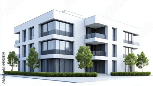 A large white building with a green tree in front of it