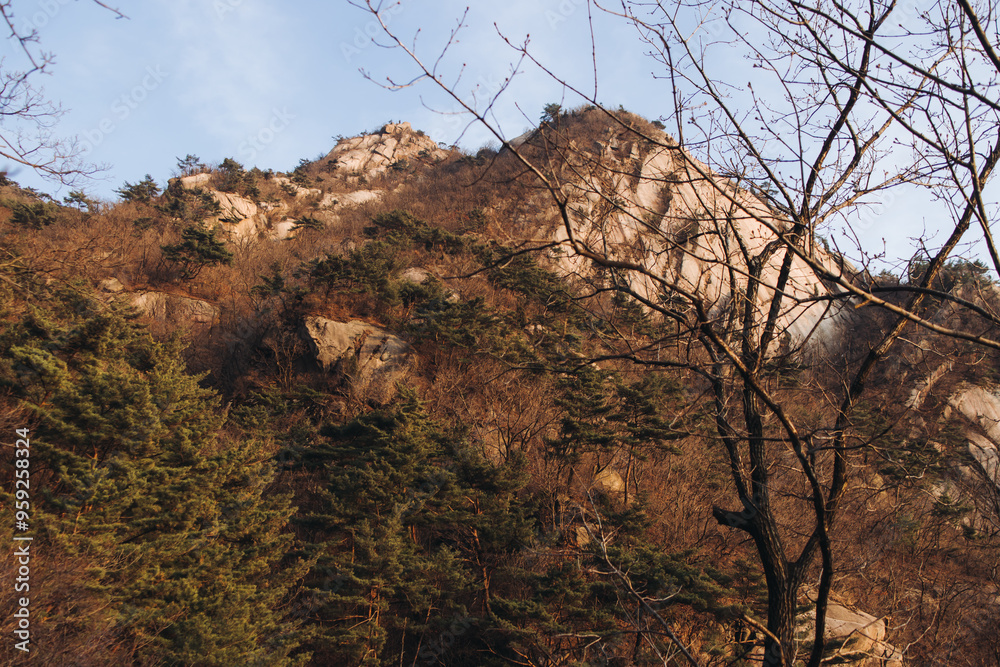 Bukhansan National Park, Seoul, Gyeonggi-do, South Korea, spring landscape view during hike to Baegundae summit peak, process of trekking and climbing to Bukhan mountain, travel and hiking in Korea Bukhansan National Park, Seoul, Gyeonggi-do, South Korea, spring landscape view during hike to Baegundae summit peak, process of trekking and climbing to Bukhan mountain, travel and hiking in Korea