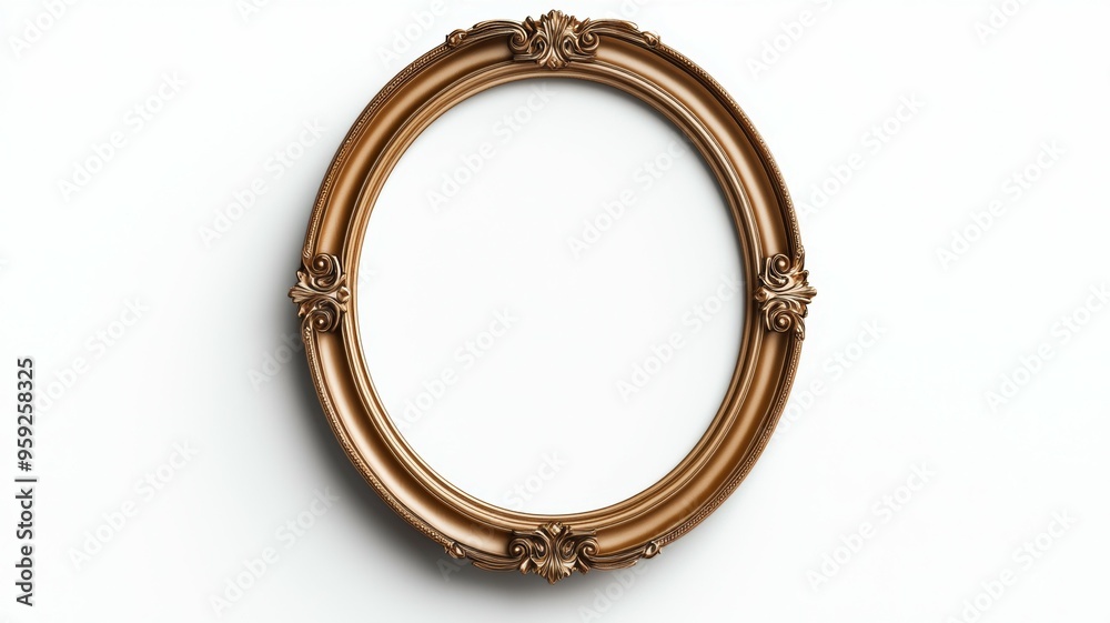 A gold framed oval sits on a white background A gold framed oval sits on a white background
