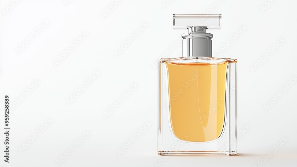 A bottle of perfume is sitting on a white background