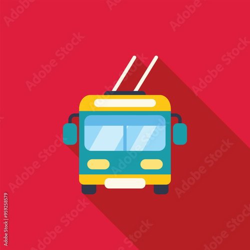 Green trolleybus driving along the street with long shadow on red background