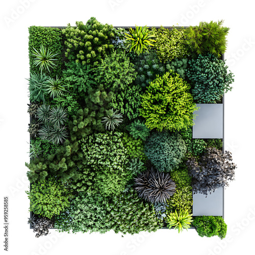 Aerial view of lush green garden, nature inspired illustration, top view greenery, vibrant foliage design print, botanical art