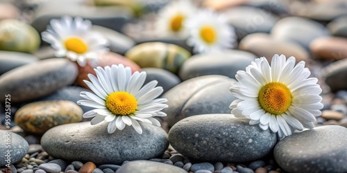 Daisy flowers surrounded by pebble stones in a relaxing spa and wellness setting, spa, wellness, relaxation, daisy