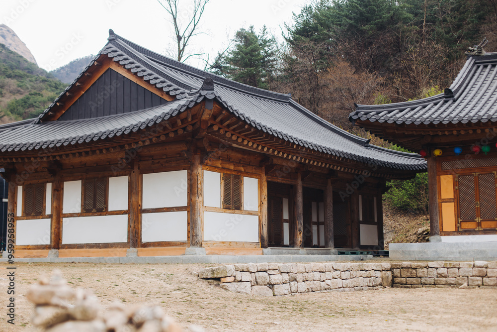 Obraz premium Bukhansan National Park, Seoul, Gyeonggi-do, South Korea, spring landscape view during hike to Baegundae summit peak, process of trekking and climbing to Bukhan mountain, travel and hiking in Korea