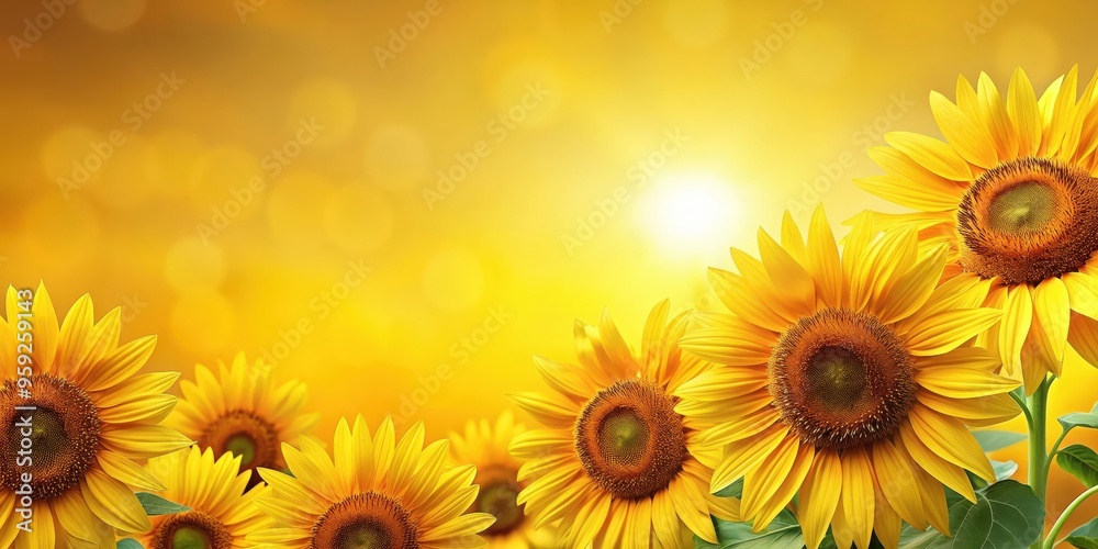 Fototapeta premium Beautiful sunflowers on bright yellow background with copy space, sunflower, flowers, yellow, vibrant, background, beauty, nature