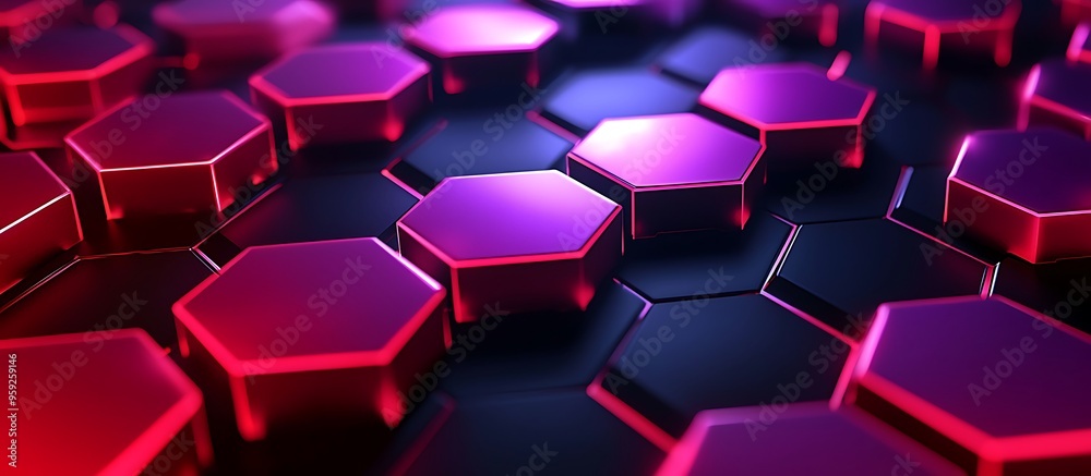 Luxurious 3D background of red and violet hexagonal light array on a dark canvas. Luxurious 3D background of red and violet hexagonal light array on a dark canvas.