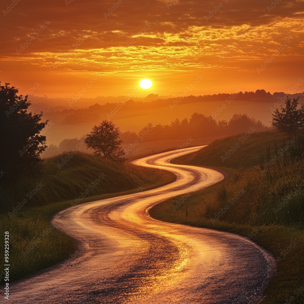 49. Bright sunrise illuminating a winding road, symbolizing the start of a new path 49. Bright sunrise illuminating a winding road, symbolizing the start of a new path