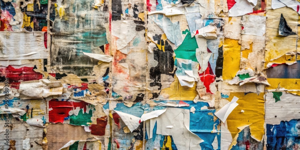 Fototapeta premium Torn street advertisement posters collage background texture with creased, crumpled, and ripped paper backdrop surface