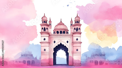 Wallpaper Mural Watercolor Illustration of Charminar Mosque in Hyderabad, India, for Travel Blog, Postcard, or Social Media Torontodigital.ca