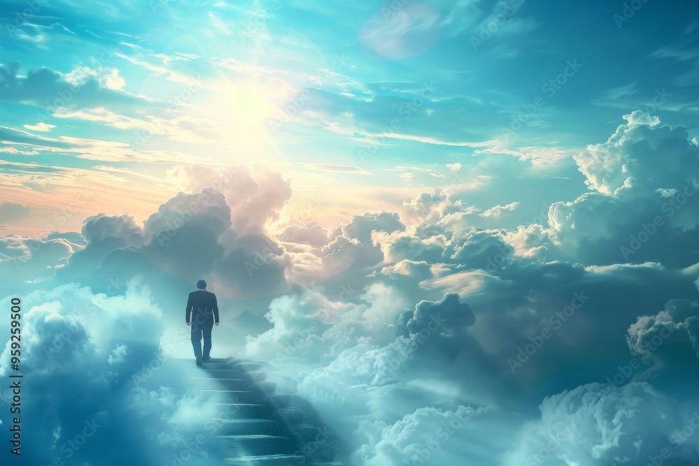 Obraz premium Man Walking Towards the Light in the Clouds