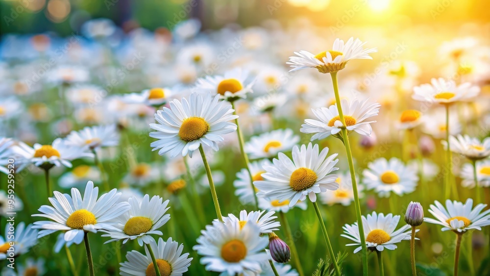 Fototapeta premium Meadow filled with vibrant blooming daisy flowers, spring, field, nature, floral, petals, meadow, blossoms, colorful, garden