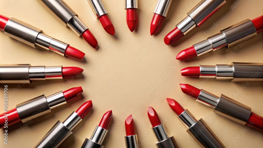 Red lipsticks in a circle on beige background, makeup, cosmetics, red, lipsticks, shades, arrangement, circle, beauty Red lipsticks in a circle on beige background, makeup, cosmetics, red, lipsticks, shades, arrangement, circle, beauty