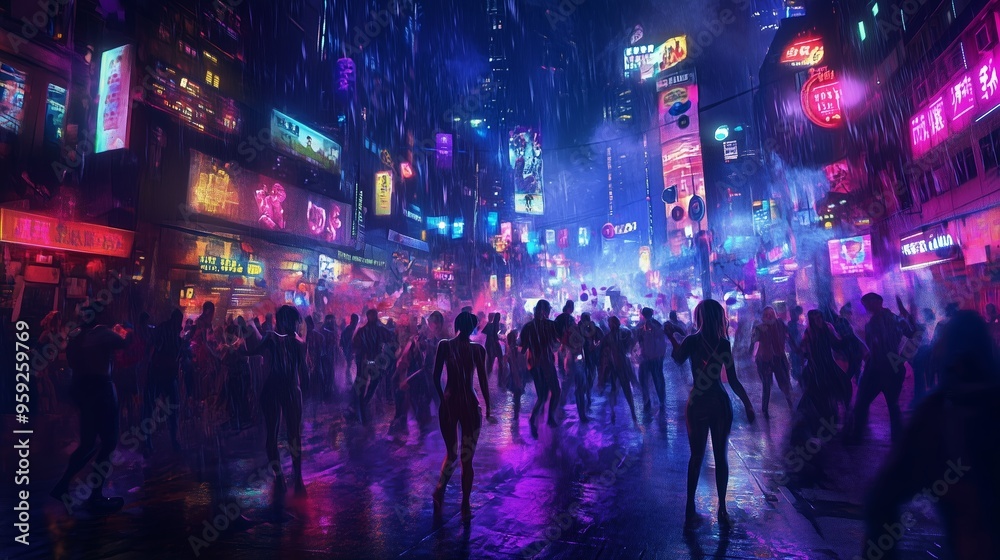 Fototapeta premium Vibrant nightlife in a neon-lit urban landscape with a crowd gathered during a rainy evening
